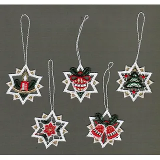 Stickereien Plauen Dekohänger STICKEREIEN PLAUEN "Sterne" Gr. 1, bunt (goldfarben, rot, grün), B:5cm H:5cm, Polyester, Dekohänger, Baumbehang "Sterne", aus Spitze