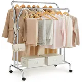 Songmics Kleiderständer auf Rollen, 2 Kleiderstangen, Garderobenstange, Garderobenständer aus Stahlrohren, bis 100 kg belastbar, 103,5 cm breit, multifunktionale Aufbewahrung, silbern HSR107E01