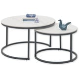 Stella Trading GINO Beistelltisch 2er Set in Marmor Optik rund, Weiß - Modernes Couchtisch Set mit schwarzem Metallgestell - 80 x 42 x 80 cm (B/H/T)