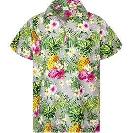 King Kameha Funky Hawaiihemd Kids Kinder Jungs, Kurzarm, Print Pineapple Flowers, Grau, 10 - 10 Jahre