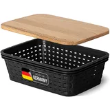 Novaliv Aufbewahrungsbox mit Holzdeckel Mini 1L Korb Schwarz in Rattan Design Lebensmittelecht Aufbewahrungskorb Stapelbox Nestbar Kunststoff BPA-frei Kiste Verstaubbox mit Deckel
