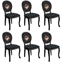 Casa Padrino Barock Esszimmerstuhl Set Schwarz / Weiß / Mehrfarbig - 6 Handgefertigte Küchen Stühle im Barockstil - Barock Esszimmer Möbel