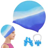 Badekappe für Kinder, Badekappe, Badehaube aus Silikon, Badekappe Kinder Lange Haare, Schwimmkappe für Mädchen Jungen, Wasserdicht Swim Cap, inkl Nasenklammer und Ohrstöpseln, Farbverlauf Blau