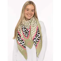 Zwillingsherz Dreieckstuch ZWILLINGSHERZ "Peace", Damen, grün (khaki), Strick, Materialmix, gemustert, mehrfarbig, Modetücher, Schriftzug und Leomuster, wärmend, Strick