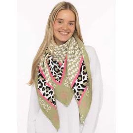 Zwillingsherz Dreieckstuch ZWILLINGSHERZ "Peace", Damen, grün (khaki), Strick, Materialmix, gemustert, mehrfarbig, Modetücher, Schriftzug und Leomuster, wärmend, Strick
