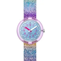 Flik Flak Shine in Rainbow 32 mm Gehäuse lila Silikonarmband Silber