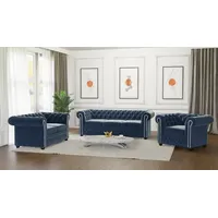 S-Style Möbel Polstergarnitur Chesterfield Lena mit Schlaffunktion 3+2+1 aus Samt-Stoff, Holzfüßen, (3-Sitzer-Sofa, 2-Sitzer-Sofa mit Schlaffunktion, Sessel), mit Wellenfederung blau