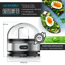 Arendo Eierkocher 7-fach, 400 W, Edelstahl, Warmhaltefunktion, Härtegrad einstellbar, für 7 Eier, silbe