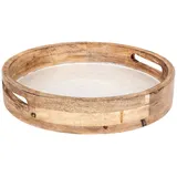levandeo Tablett 35cm Rund Mango Holz Creme Perlmutt Emaille Ablage Serviertablett Deko Servierplatte Tischdeko Dekoration
