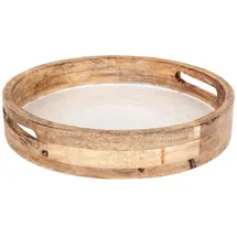 levandeo Tablett 35cm Rund Mango Holz Creme Perlmutt Emaille Ablage Serviertablett Deko Servierplatte Tischdeko Dekoration