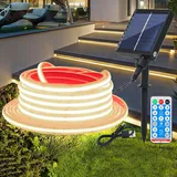 Wisada 12V Solar COB LED Streifen Selbstklebend, 0.5m 320LEDs/m Superheller Naturweiß COB LED Strip Cuttable LED Band,8 Modi Lichtband Außen IP68 Lichterkette Mit Fernbedienung für Terrasse, Innenhof