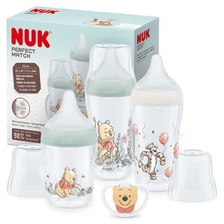 NUK Perfect Match Set beige | Ab 0 Monate | Passt sich dem Baby an | 3 Anti-Colic-Babyflaschen und Space-Schnuller | BPA-frei | Disneys Winnie Pooh 4.0 Stück