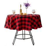 Buffalo Plaid Runde Tischdecke Baumwolle Leinen Kariert Runde Tischdecke für Küche Esszimmer Abendessen Versammlungen (rund – 139 cm, Rot & Schwarz)