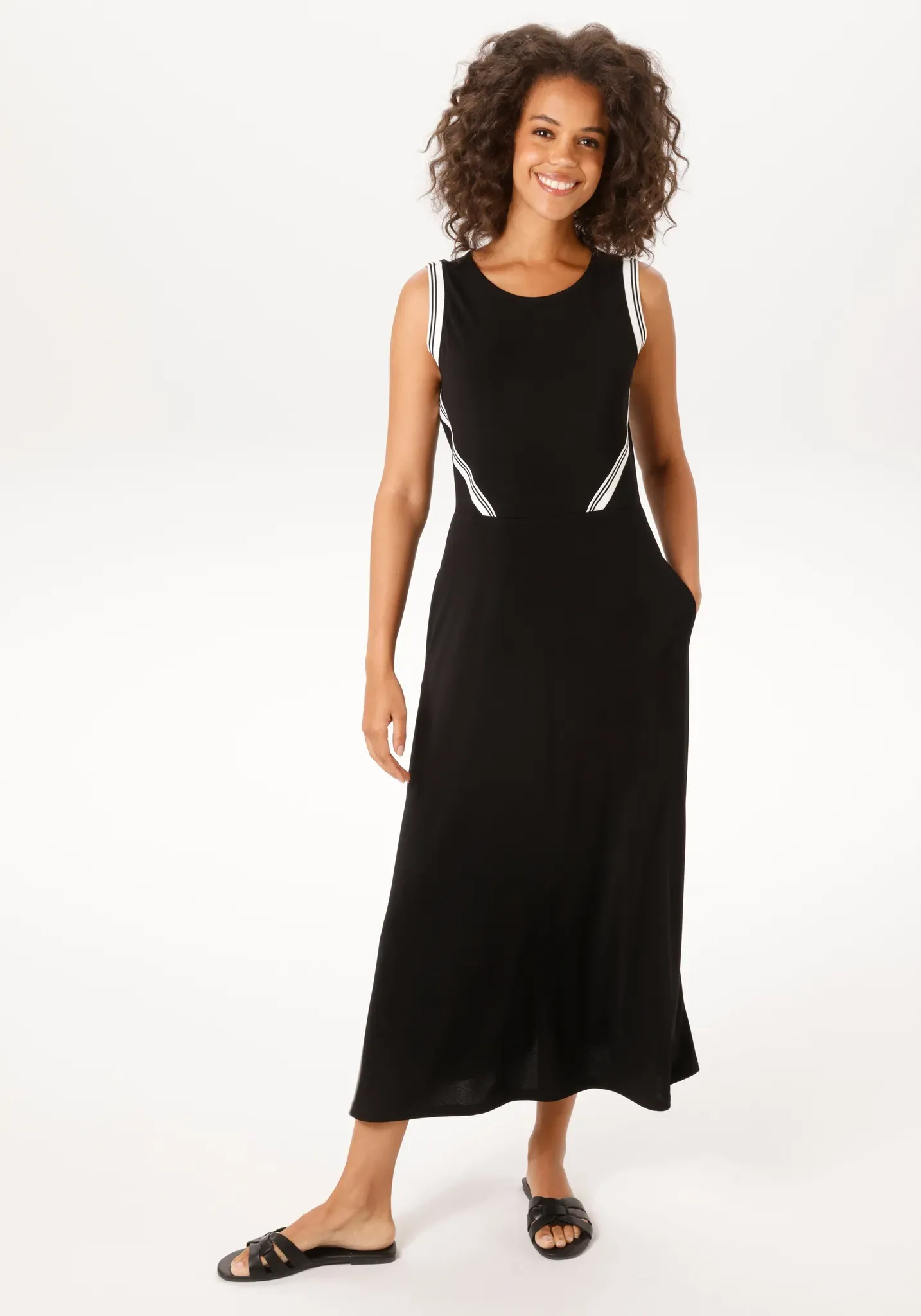 Sommerkleid ANISTON CASUAL, Damen, Gr. 38, N-Gr, schwarz, weiß, Jersey, Obermaterial: 95% Polyester, 5% Elasthan, kontrastfarbene Details, unifarben mit Farbeinsatz, figurumspielend wadenlang, Rundhals, Kleider Sommerkleid, mit gestreiften Tapes verziertem Oberteil, Topseller