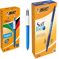 BIC 4 Farben Kugelschreiber Set 4 Colours Original, 12er Pack & Kugelschreiber Set Soft Feel Grip, in Blau, Strichstärke 0,4 mm, 12er Pack, Ideal für das Büro, das Home Office oder die Schule