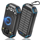 Solar Powerbank Wireless 26800mAh Solar Ladegerät, tragbare USB C Power Bank mit Outdoor Wasserdichtes Solarpanel Eingebaut in 3 Kabel & Camping Lichter für Smartphones, Tablets und mehr