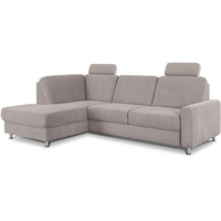 CAVADORE Ecksofa Clint / L-Form-Sofa mit Federkern und Ottomane links / Inkl. Bett, Bettkasten & Kopfstützen / Soft Clean: Leichte Fleckenentfernung / 246 x 86 x 165 / Flachgewebe: Hellgrau