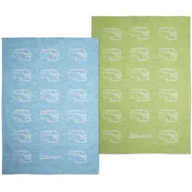 VW Collection - Volkswagen Geschirr-Abtrocken-Küchen-Handtuch-2er Set im T1 Bulli Bus (Bulli Parade/Grün)