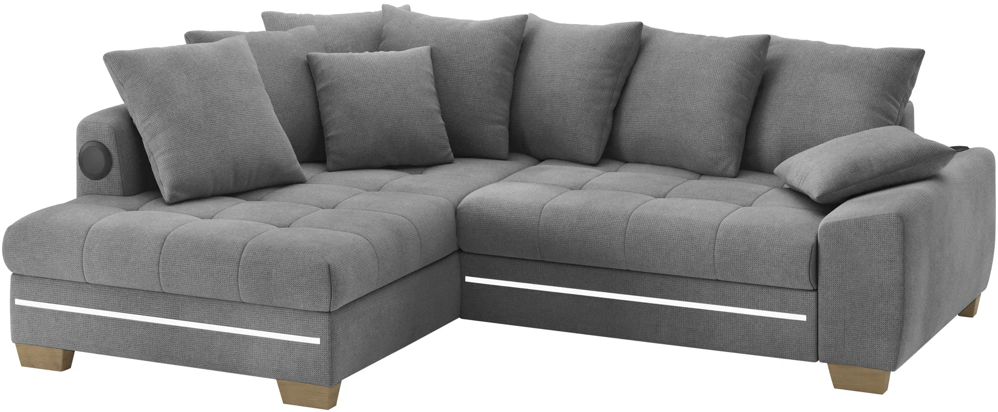Ecksofa MR. COUCH "Nikita II, L-Form", grau (memphis 20 stone), B:243cm H:88cm T:190cm, Memphis (Grundgewebe - 100% Polyester; Nutzschicht- 90% Polyester / 10% Polyamide), Sofas, Ecksofa, RGB-LED, Bluetooth-Soundsystem, wahlweise mit Bett, Bettkasten