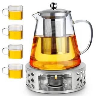 Teekanne aus Glas, Teekanne mit Siebeinsatz und Stövchen, Kaffeekannen Borosilikatglas 1300 ml + 4 * 120 ml Glas Teetasse für Duftender Früchtetee, Schwarzen Tee, Grüner Tee