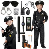 Polizei Kostüm Kinder, Faschingskostüme Kinder Polizei Uniform Set, Gürtel Mütze Handschellen Walkie-Talkie für Karneval Halloween Kostüm