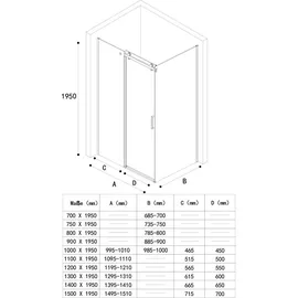 doporro Rav19K Eckdusche mit Schiebetür 100 x 140 cm schwarz Klarglas 8mm