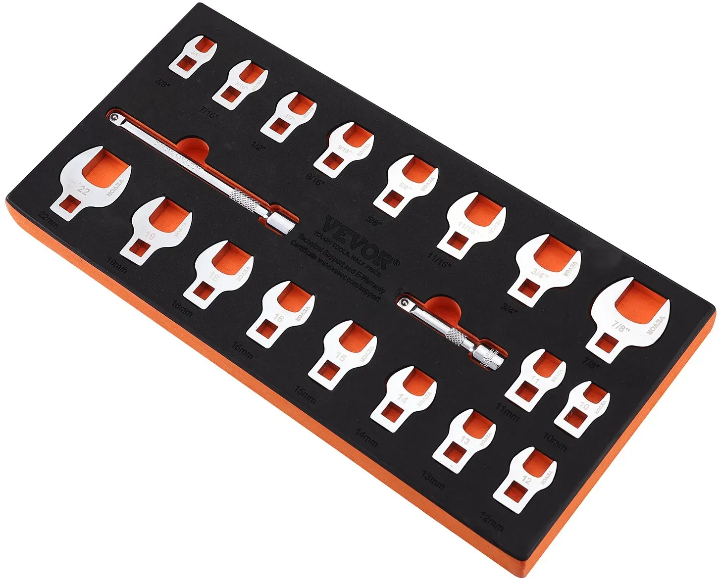 VEVOR Crowfoot-Schlüsselsatz, 9,525 mm Antrieb, 20-teiliger Crowsfoot-Schlüsselsatz mit 2 Verlängerungsstangen und EVA-Werkzeug-Organizer, SAE 3/8-2.22cm und metrisch 10-22mm, 40CR-Material