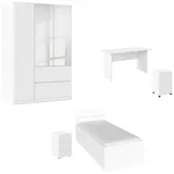 Rauch Jugendzimmer-Set Komplettzimmer Schlafzimmer-Set (5-St) Jugendzimmer-Set JOEL, (Set, 5-tlg., Bett 90x200 oder 140x200 cm, Ausstattungspakete BASIC/CLASSIC/PREMIUM), Bett 2 Breiten,Nachttisch,Tisch,Rollcontainer,Schrank MADE IN GERMANY weiß
