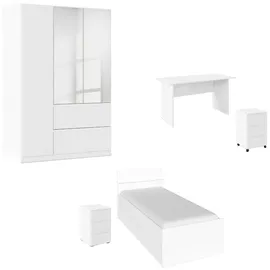 Rauch Jugendzimmer-Set Komplettzimmer Schlafzimmer-Set (5-St) Jugendzimmer-Set JOEL, (Set, 5-tlg., Bett 90x200 oder 140x200 cm, Ausstattungspakete BASIC/CLASSIC/PREMIUM), Bett 2 Breiten,Nachttisch,Tisch,Rollcontainer,Schrank MADE IN GERMANY weiß