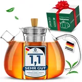 Neighbour's Friend 1,5 l Teekanne Geschenkbox für losen Tee & Teebeutel - Teekanne Glas mit Siebeinsatz groß tropffrei - 3-teiliges Edestahl-Sieb mit Bambusdeckelgriff - Spülmaschinengeeignetes Glas