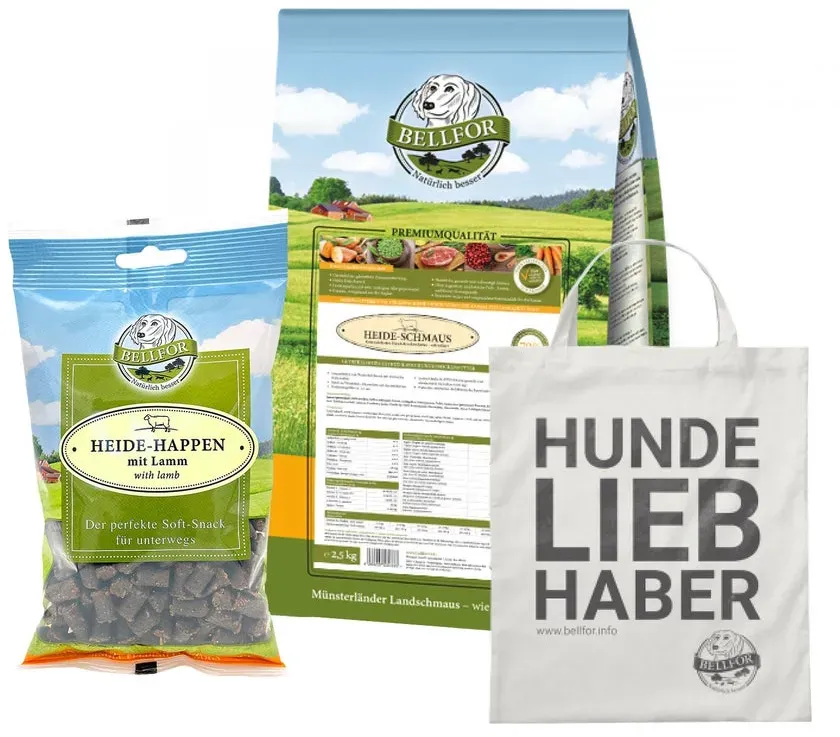 Australian Shepherd Futter Set - Heide-Schmaus 2,5 kg + Heide-Happen 200g + 1 Jutebeutel