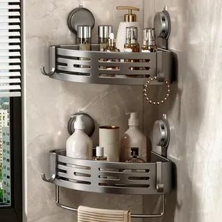 Voldra Duschablage Ohne Bohren, Duschregal Ecke Saugnapf Badezimmer Regal Wand Duschkorb mit Handtuchhalter Eckregal Bad Ablage Dusche Metall Regal Duschkorb Ohne Bohren(2 Stück, Grau)