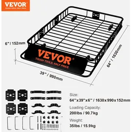 Vevor Dachgepäckträger Korb Auto Dachkorb Universal 1630 x 990 x 152 mm, Dachgepäckträger Wanne 90 kg Tragfähigkeit Relingträger Fracht Gepäckablage Schwarz für Camping, Grillen, Autoreisen