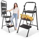 OUTIGO Trittleiter Trittleiter 3 Stufen klappbar, Leiter mit Breitem Anti-Rutsch-Pedal (Trittleiter mit Bequemer Handlauf, Tragbarer Tritthocker aus Stahl), 3 Stufen Klappbar, mit Gummihandgriff, Rutschfester, tragbare schwarz