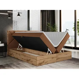 MKS Meble Boxspringbett 160x200 mit Bettkasten, Polsterbett 160x200 mit Matratze H3, Boxspringbett 160x200 mit Kopfteil, Boxspringbett mit Massivholz - Gunar... - Orange