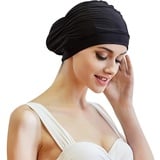 TCNGKIJIUK Badekappe Damen Groß Schwimmkappe Anti Rutsch Schwimmhaube Ohrenschutz Bademütze Retro Swim Cap Sommer Schnelltrocknend Badehuabe Elastisch Schwimmmütze Kurze Lange Haare Mädchen Schwarz