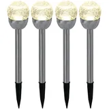 ETC Shop Kugelleuchte Außenlampe Solarleuchte, Gartenlampe in Bruchglas-Optik, Wegeleuchte, integrierter Akku, Edelstahl, silber, led, DxH 6x24,5cm, 4er Set
