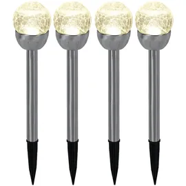 ETC Shop Kugelleuchte Außenlampe Solarleuchte, Gartenlampe in Bruchglas-Optik, Wegeleuchte, integrierter Akku, Edelstahl, silber, led, DxH 6x24,5cm, 4er Set