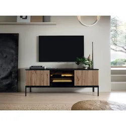 TV-Möbel - 3 Türen - mit LED-Beleuchtung - MDF & Rauchglas - Schwarz & Holzfarben - OVILA