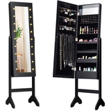 COSTWAY Schmuckschrank, LED Schmuckregal mit Ganzkörperspiegel und kleinem Schminkspiegel, Schmuck Spiegelschrank neigungsverstellbar für Makeup (Schwarz)