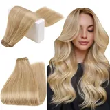 RUNATURE Extensions Tressen Echthaar Blond 55cm Goldblond Highlight Hellblond Weaving Tressen Echthaar Blond Weft Haarverlängerung Tressen Echthaar 100g #16P24