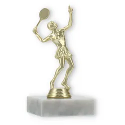 Pokal Kunststofffigur Tennisspielerin gold auf weißem Marmorsockel 12,6cm
