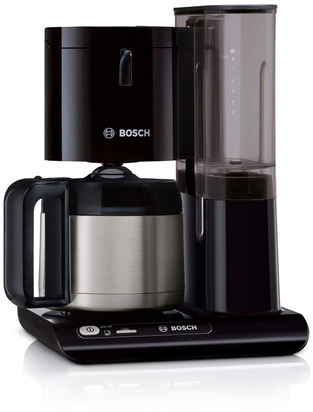 Bosch Filterkaffeemaschine Styline TKA8A053, Aroma Sensor, Edelstahl-Thermokanne 1,1 L, für 8-12 Tassen, Abschaltautomatik, Entkalkungssystem, Tropfstopp, abnehmbarer Wassertank (1 L), 1100 W, schwarz