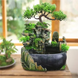 HarBin-Star Zimmerbrunnen, Wohnzimmer Desktop Bonsai, Tischbrunnen Wasserfall, GartenAquarium Harz Desktop-Brunnen, Zimmerbrunnen mit Pflanzen 28 x 20 x 15 cm