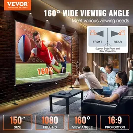 Vevor Projektionsleinwand mit Ständer 381cm Tragbare Filmleinwand 16:9 Outdoor Indoor Beamer Leinwand 347 x 201.9cm Mobile Beamer Leinwand 160°