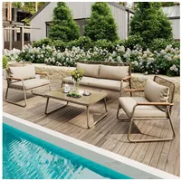Flieks Gartenlounge-Set, 4-Sitzer Gartenmöbel Balkonset mit Tischplatte aus gehärtetem Glas beige