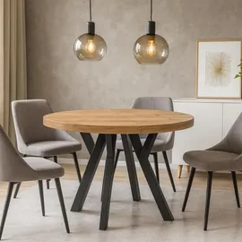 dekori.interiors Runder Ausziehbarer Tisch für Esszimmer, Pero, Loft-Stil, Skandinavische, Durchmesser: 90 / 140 cm, Eiche Craft Golden / Schwarz - Schwarz