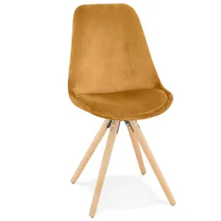 Retro Esszimmerstuhl aus Holz und Samt | Vintage Polsterstuhl mit Stoffbezug | Senffarbener Designerstuhl für Wohnzimmer | Kadima Design
