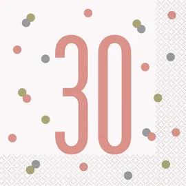 Unique Papierservietten - Zahl 30 - 16,5 cm - Glitzer-Roségold-Geburtstag - 16er-Packung