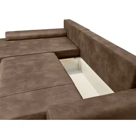 luma-home schönes für dein zuhause Ecksofa mit Schlaffunktion und Bettkasten 266/186/90 cm, Ottomane links, Mikrofaser Leder-Optik Braun / 18014